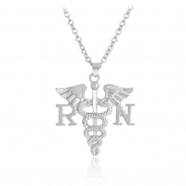 RN BSN Nurse necklace Metal Silver color Angel wings Scepter Pendant Necklace for Nurse Medical students Jewelry Graduation gift